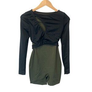 Weissman Women SA Black Long Sleeve Unitard Dance Costume Black Green Shorts